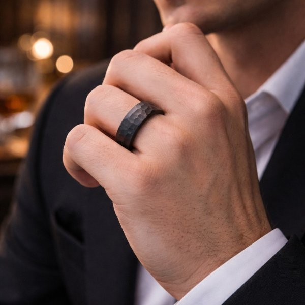 Eron - Ring Tungsten Hammered Svart